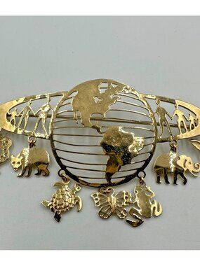 Vintage Wild Bryde Earth Brooch Gold Tone Animal Dangle Elephant Owl Turtle